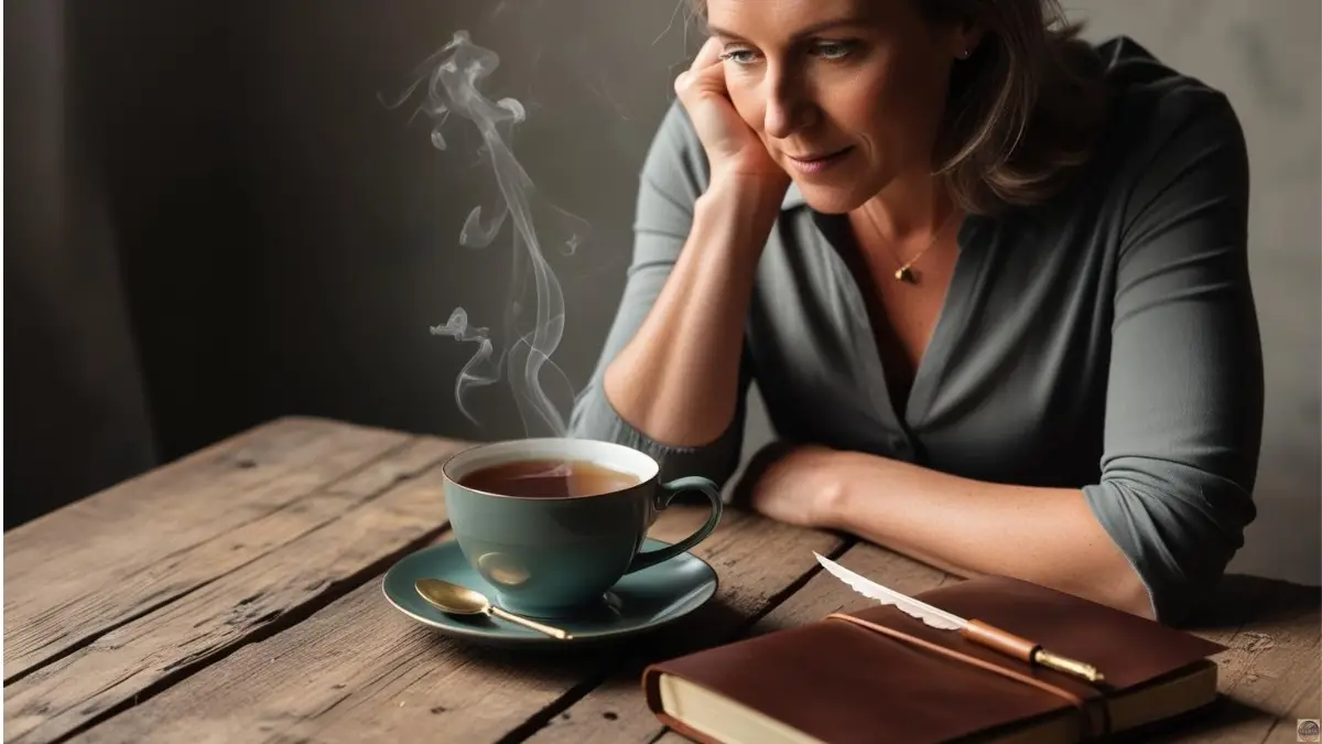 A thoughtful woman looking concerned while sitting at a table with a steaming cup of tea—conveying discomfort or unease about drinking tea.