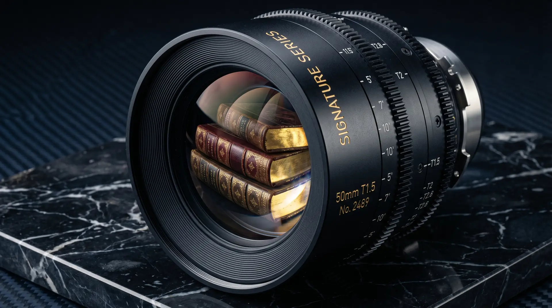 A high-fidelity cinematic lens artifact reflecting luxury leather-bound journals on white marble, documenting Yati Senin’s Pillar 1: Visual Asset Engineering protocol for Vikki Lunez.